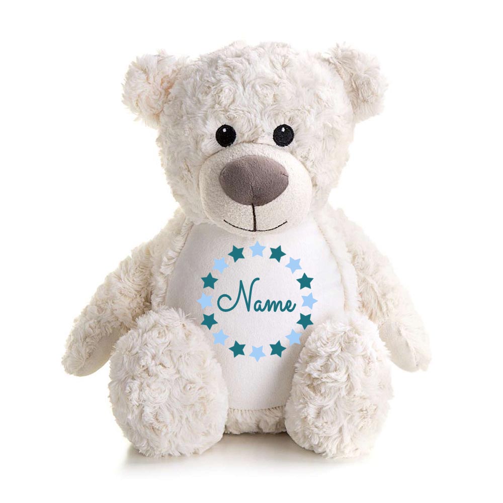 Stofftier Teddybär Creme mit Name personalisiert Kuscheltier für Kinder Flauschiges Plüschtier 40cm Motiv Sternkreis