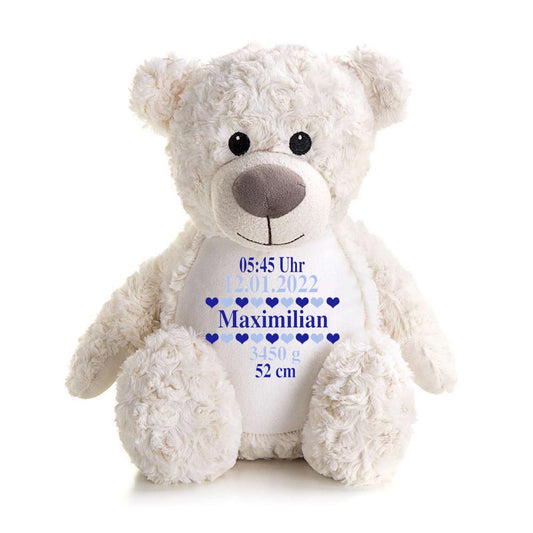 Stofftier Teddybär Creme mit Name personalisiert Kuscheltier für Kinder Flauschiges Plüschtier 40cm Motiv Geburt