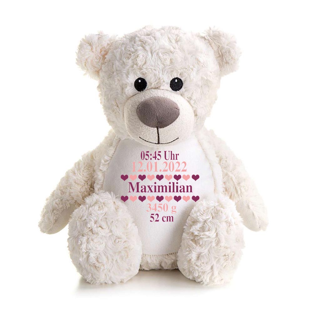 Stofftier Teddybär Creme mit Name personalisiert Kuscheltier für Kinder Flauschiges Plüschtier 40cm Motiv Geburt