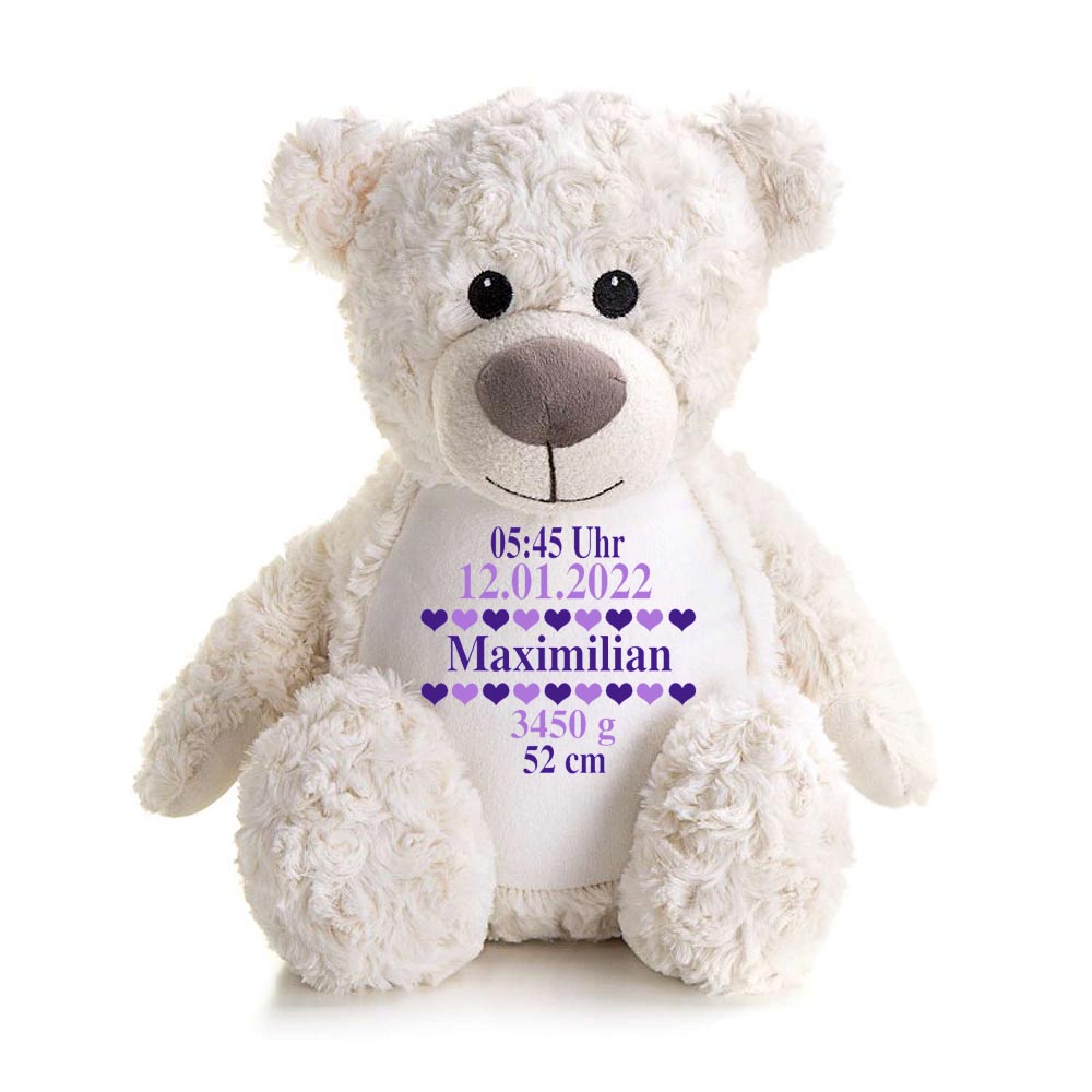 Stofftier Teddybär Creme mit Name personalisiert Kuscheltier für Kinder Flauschiges Plüschtier 40cm Motiv Geburt