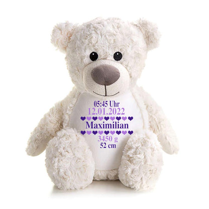 Stofftier Teddybär Creme mit Name personalisiert Kuscheltier für Kinder Flauschiges Plüschtier 40cm Motiv Geburt