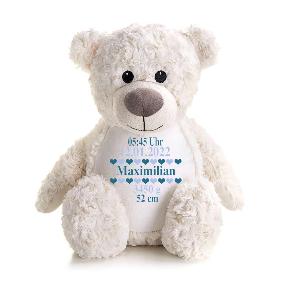 Stofftier Teddybär Creme mit Name personalisiert Kuscheltier für Kinder Flauschiges Plüschtier 40cm Motiv Geburt