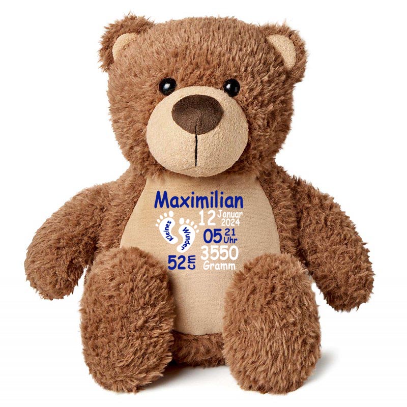 Stofftier Teddybär braun mit Name personalisiert Kuscheltier für Kinder Flauschiges Plüschtier 40cm Motiv Füßchen