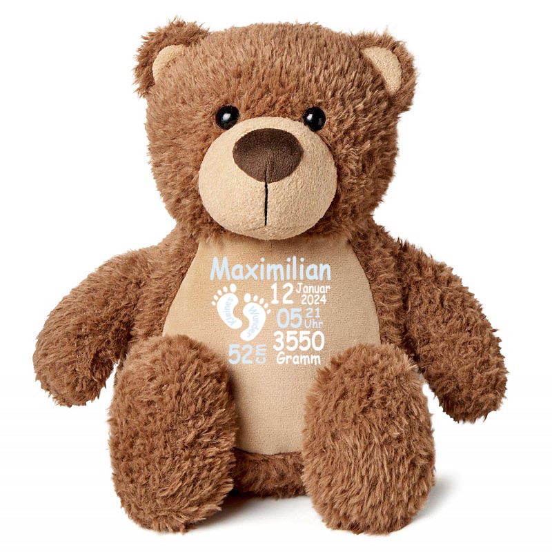 Stofftier Teddybär braun mit Name personalisiert Kuscheltier für Kinder Flauschiges Plüschtier 40cm Motiv Füßchen