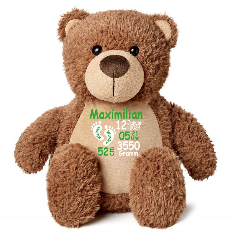 Stofftier Teddybär braun mit Name personalisiert Kuscheltier für Kinder Flauschiges Plüschtier 40cm Motiv Füßchen