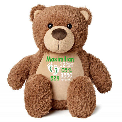 Stofftier Teddybär braun mit Name personalisiert Kuscheltier für Kinder Flauschiges Plüschtier 40cm Motiv Füßchen