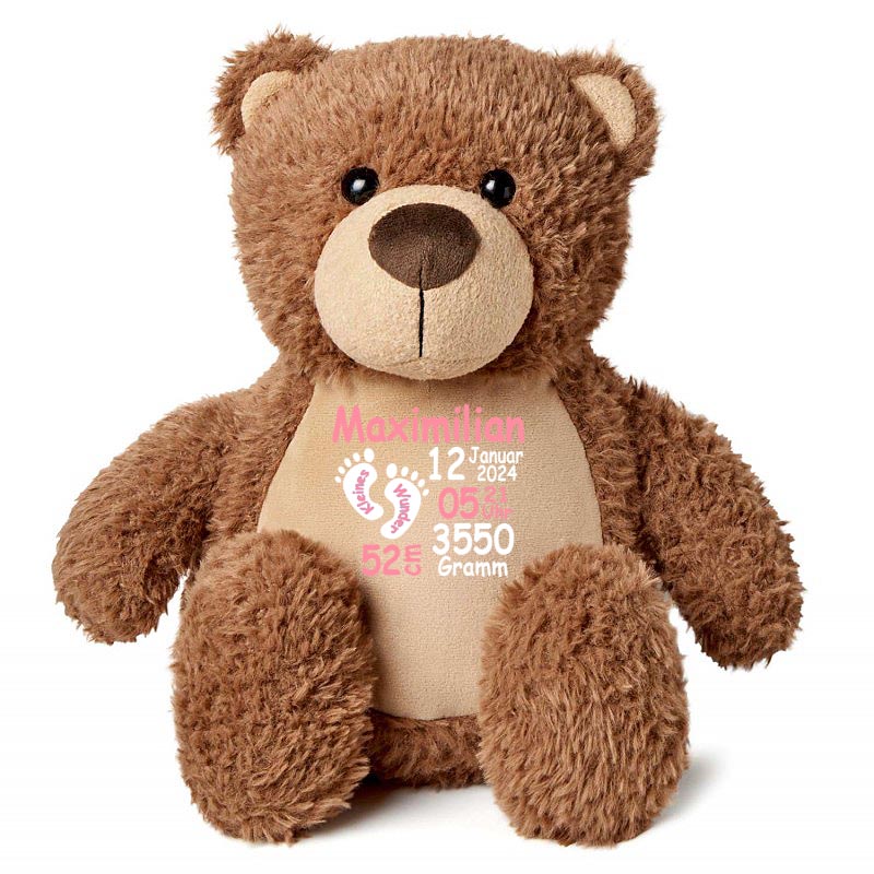 Stofftier Teddybär braun mit Name personalisiert Kuscheltier für Kinder Flauschiges Plüschtier 40cm Motiv Füßchen