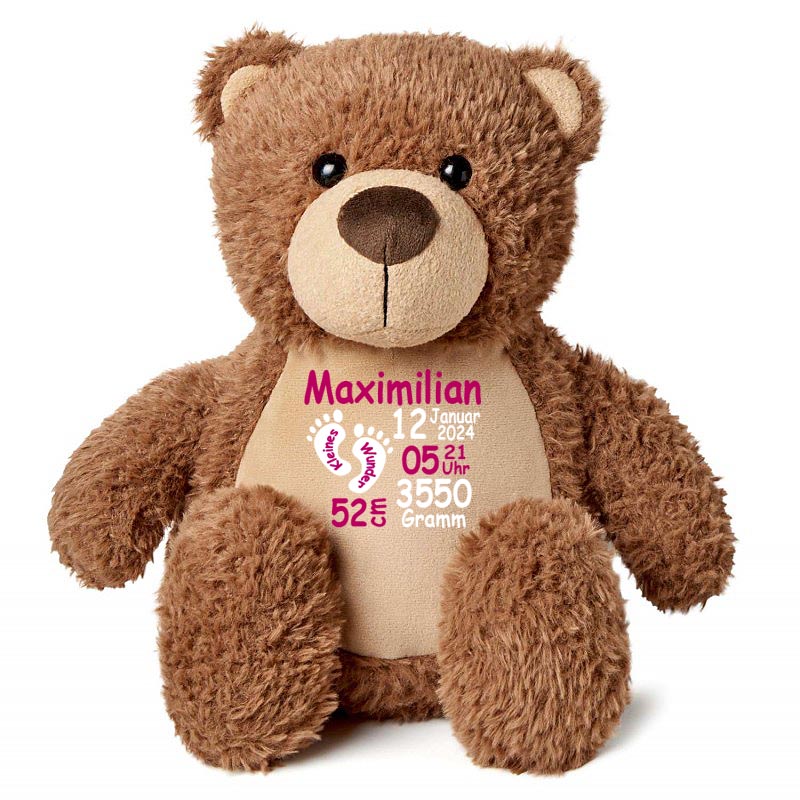 Stofftier Teddybär braun mit Name personalisiert Kuscheltier für Kinder Flauschiges Plüschtier 40cm Motiv Füßchen