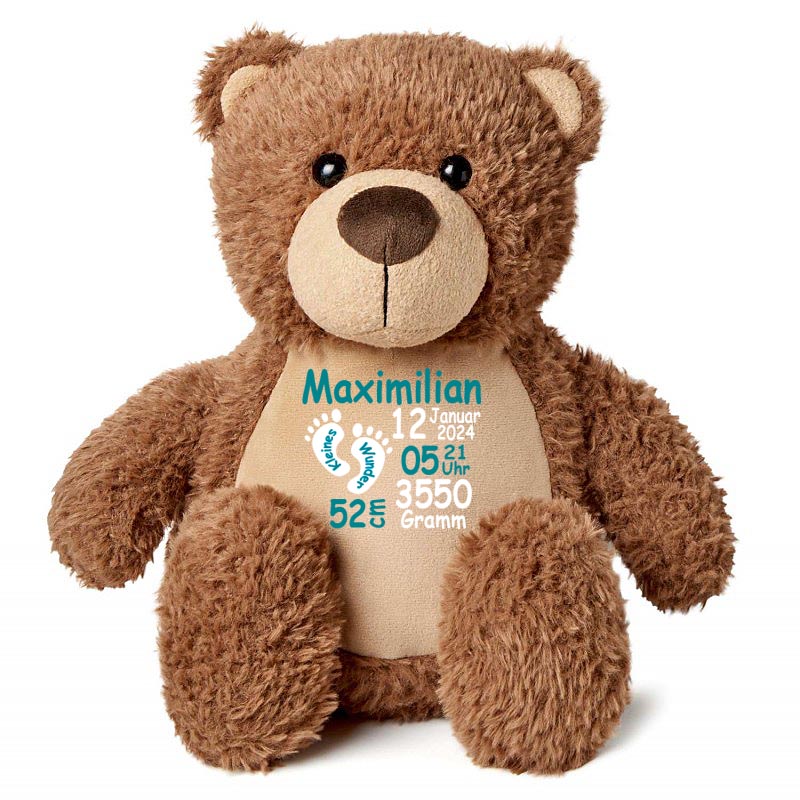 Stofftier Teddybär braun mit Name personalisiert Kuscheltier für Kinder Flauschiges Plüschtier 40cm Motiv Füßchen