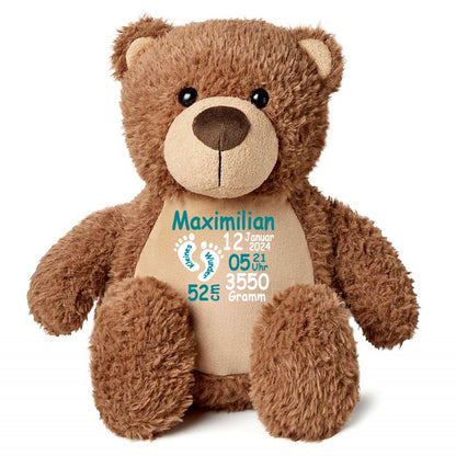 Stofftier Teddybär braun mit Name personalisiert Kuscheltier für Kinder Flauschiges Plüschtier 40cm Motiv Füßchen