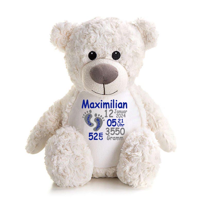 Stofftier Teddybär Creme mit Name personalisiert Kuscheltier für Kinder Flauschiges Plüschtier 40cm Motiv Füßchen