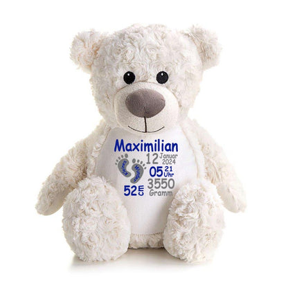 Stofftier Teddybär Creme mit Name personalisiert Kuscheltier für Kinder Flauschiges Plüschtier 40cm Motiv Füßchen