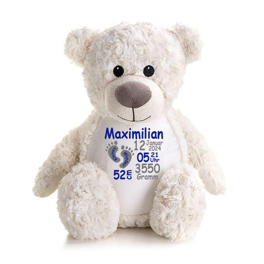 Stofftier Teddybär Creme mit Name personalisiert Kuscheltier für Kinder Flauschiges Plüschtier 40cm Motiv Füßchen