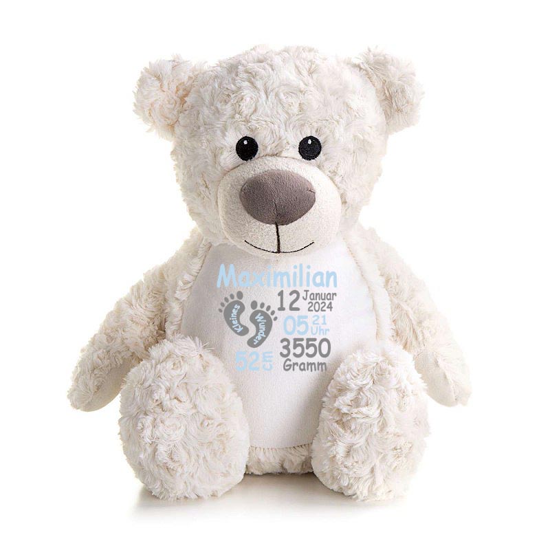 Stofftier Teddybär Creme mit Name personalisiert Kuscheltier für Kinder Flauschiges Plüschtier 40cm Motiv Füßchen