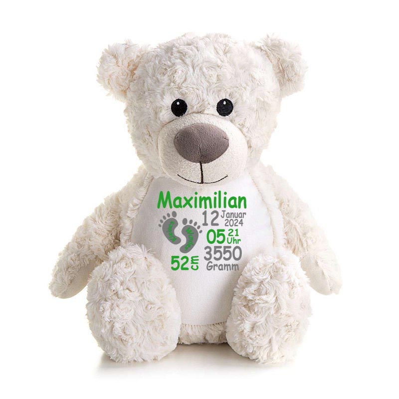 Stofftier Teddybär Creme mit Name personalisiert Kuscheltier für Kinder Flauschiges Plüschtier 40cm Motiv Füßchen