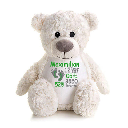 Stofftier Teddybär Creme mit Name personalisiert Kuscheltier für Kinder Flauschiges Plüschtier 40cm Motiv Füßchen