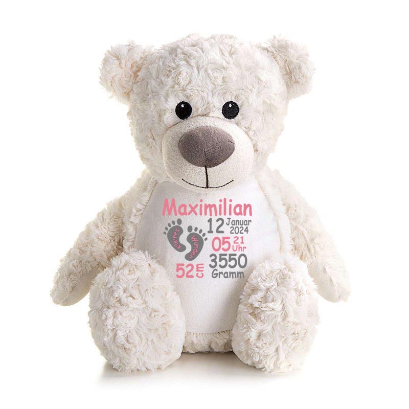 Stofftier Teddybär Creme mit Name personalisiert Kuscheltier für Kinder Flauschiges Plüschtier 40cm Motiv Füßchen