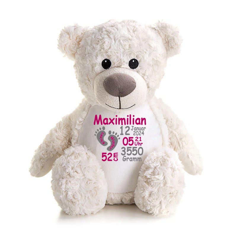 Stofftier Teddybär Creme mit Name personalisiert Kuscheltier für Kinder Flauschiges Plüschtier 40cm Motiv Füßchen