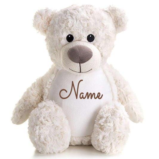 Stofftier Teddybär Creme mit Name personalisiert Kuscheltier für Kinder Flauschiges Plüschtier 40cm Motiv Name