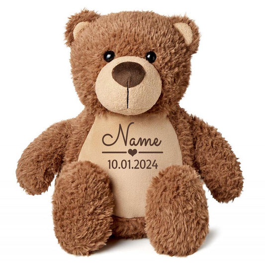 Stofftier Teddybär braun mit Name personalisiert Kuscheltier für Kinder Flauschiges Plüschtier 40cm Motiv Name und Datum