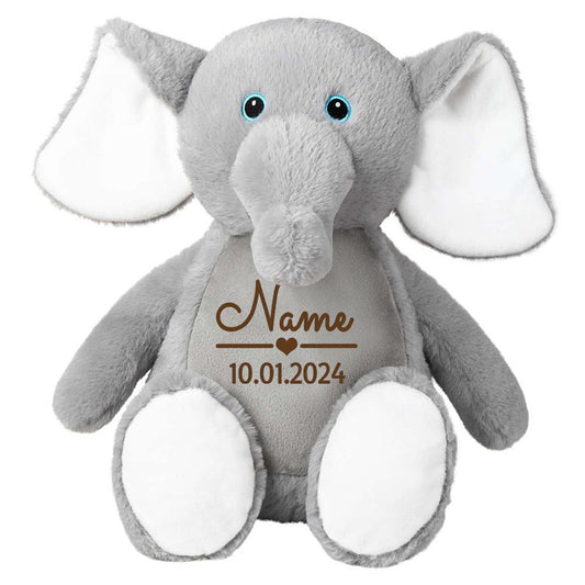 Stofftier Elefant grau mit Name personalisiert Kuscheltier für Kinder Flauschiges Plüschtier 40cm Motiv Name und Datum