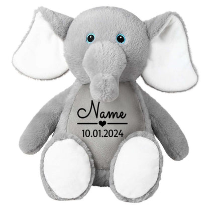 Stofftier Elefant grau mit Name personalisiert Kuscheltier für Kinder Flauschiges Plüschtier 40cm Motiv Name und Datum