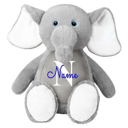 Stofftier Elefant grau mit Name personalisiert Kuscheltier für Kinder Flauschiges Plüschtier 40cm Motiv Buchstabe