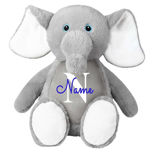 Stofftier Elefant grau mit Name personalisiert Kuscheltier für Kinder Flauschiges Plüschtier 40cm Motiv Buchstabe