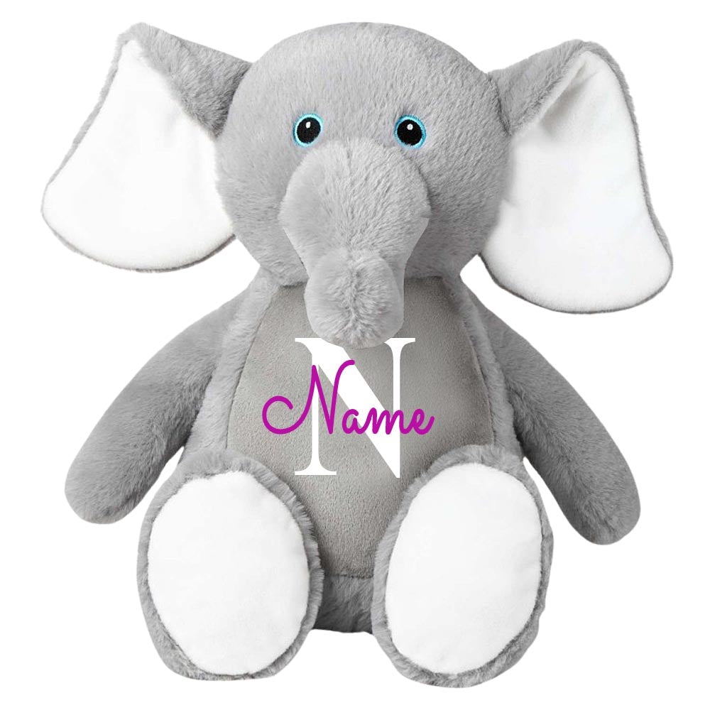 Stofftier Elefant grau mit Name personalisiert Kuscheltier für Kinder Flauschiges Plüschtier 40cm Motiv Buchstabe