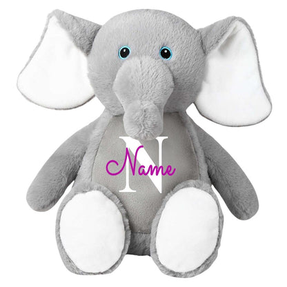 Stofftier Elefant grau mit Name personalisiert Kuscheltier für Kinder Flauschiges Plüschtier 40cm Motiv Buchstabe