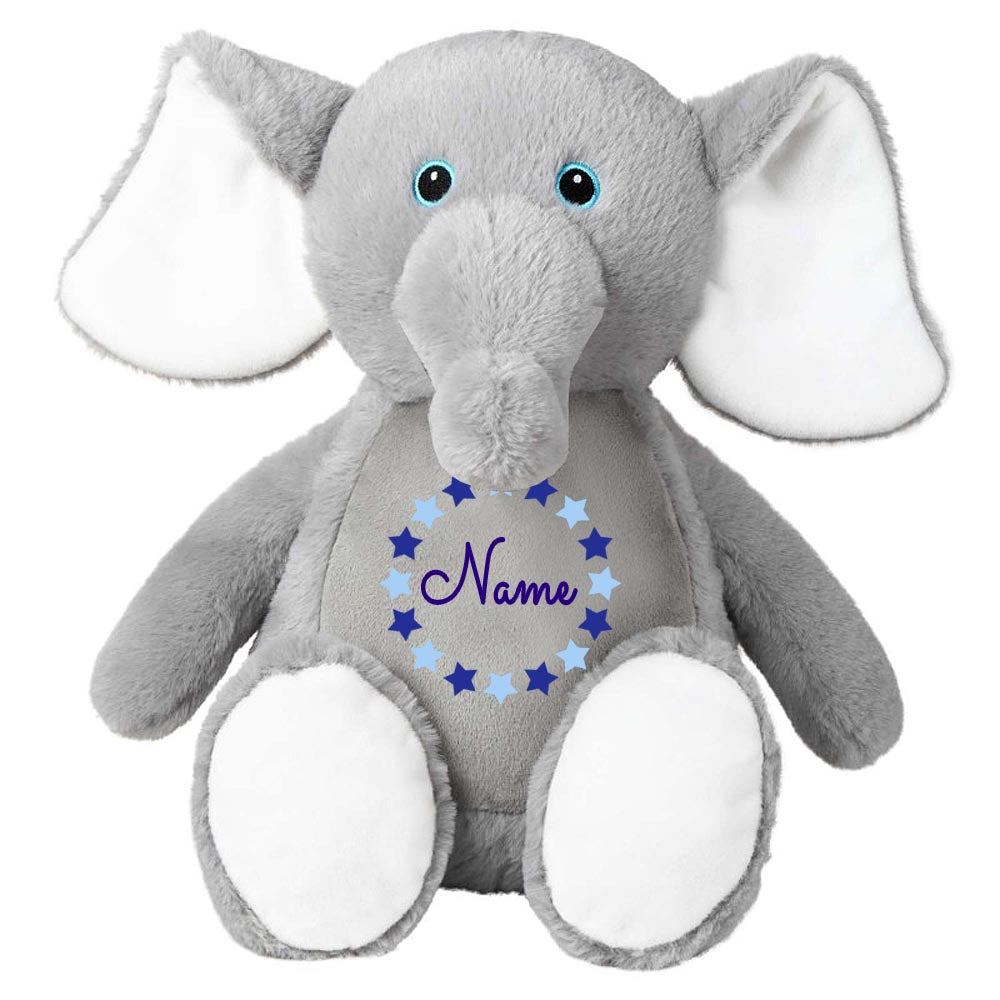 Stofftier Elefant grau mit Name personalisiert Kuscheltier für Kinder Flauschiges Plüschtier 40cm Motiv Sternkreis