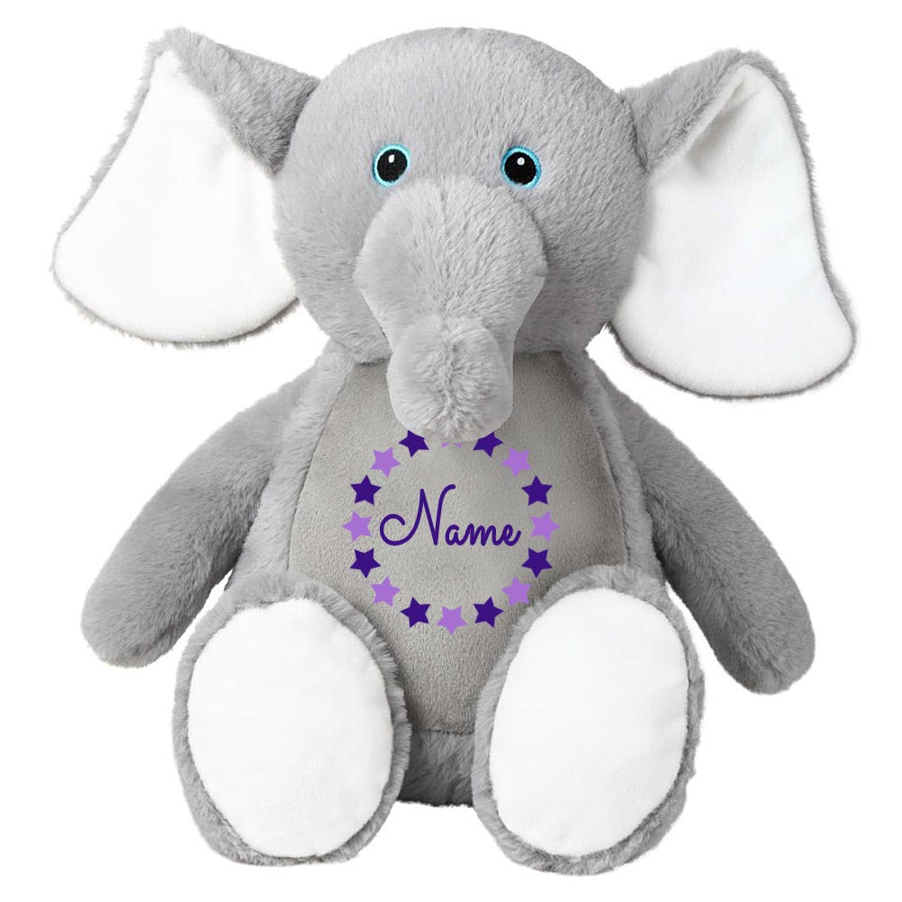 Stofftier Elefant grau mit Name personalisiert Kuscheltier für Kinder Flauschiges Plüschtier 40cm Motiv Sternkreis