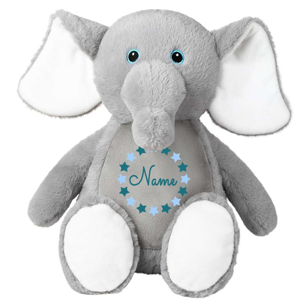 Stofftier Elefant grau mit Name personalisiert Kuscheltier für Kinder Flauschiges Plüschtier 40cm Motiv Sternkreis