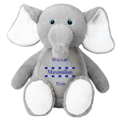 Stofftier Elefant grau mit Name personalisiert Kuscheltier für Kinder Flauschiges Plüschtier 40cm Motiv Geburt