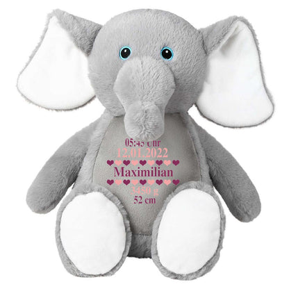Stofftier Elefant grau mit Name personalisiert Kuscheltier für Kinder Flauschiges Plüschtier 40cm Motiv Geburt