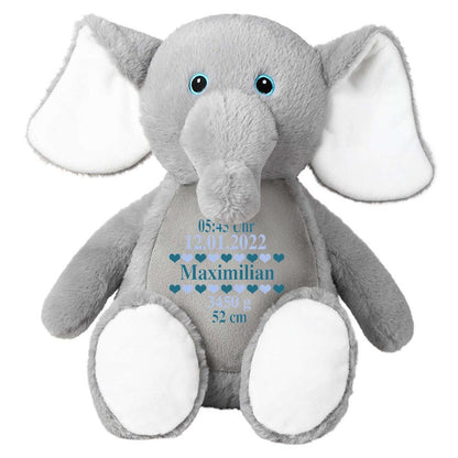Stofftier Elefant grau mit Name personalisiert Kuscheltier für Kinder Flauschiges Plüschtier 40cm Motiv Geburt