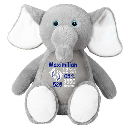 Stofftier Elefant grau mit Name personalisiert Kuscheltier für Kinder Flauschiges Plüschtier 40cm Motiv Füßchen