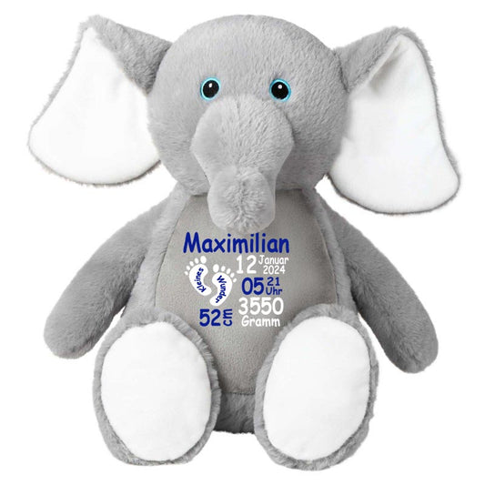 Stofftier Elefant grau mit Name personalisiert Kuscheltier für Kinder Flauschiges Plüschtier 40cm Motiv Füßchen