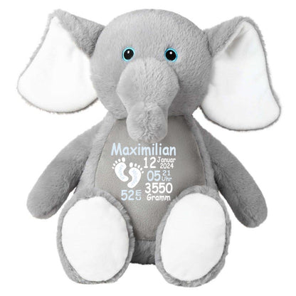 Stofftier Elefant grau mit Name personalisiert Kuscheltier für Kinder Flauschiges Plüschtier 40cm Motiv Füßchen