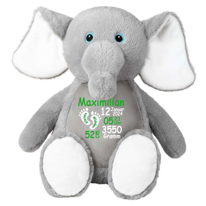 Stofftier Elefant grau mit Name personalisiert Kuscheltier für Kinder Flauschiges Plüschtier 40cm Motiv Füßchen