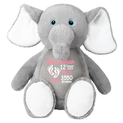 Stofftier Elefant grau mit Name personalisiert Kuscheltier für Kinder Flauschiges Plüschtier 40cm Motiv Füßchen