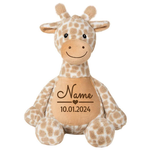 Stofftier Giraffe braun mit Name personalisiert Kuscheltier für Kinder Flauschiges Plüschtier 40cm Motiv Name und Datum