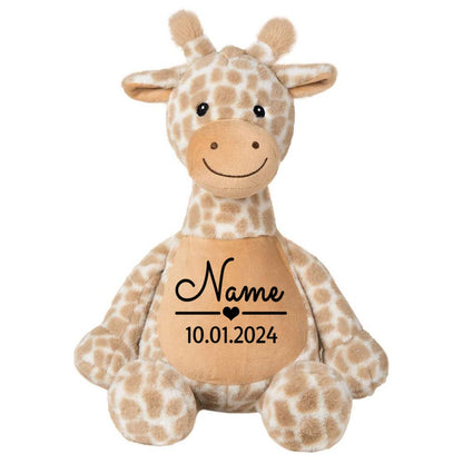 Stofftier Giraffe braun mit Name personalisiert Kuscheltier für Kinder Flauschiges Plüschtier 40cm Motiv Name und Datum