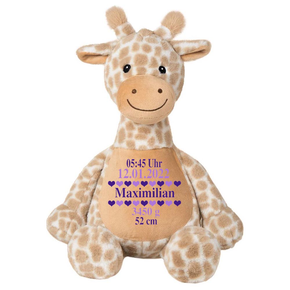 Stofftier Giraffe braun mit Name personalisiert Kuscheltier für Kinder Flauschiges Plüschtier 40cm Motiv Geburt