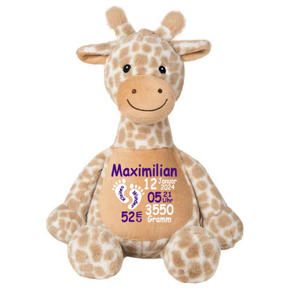 Stofftier Giraffe braun mit Name personalisiert Kuscheltier für Kinder Flauschiges Plüschtier 40cm Motiv Füßchen