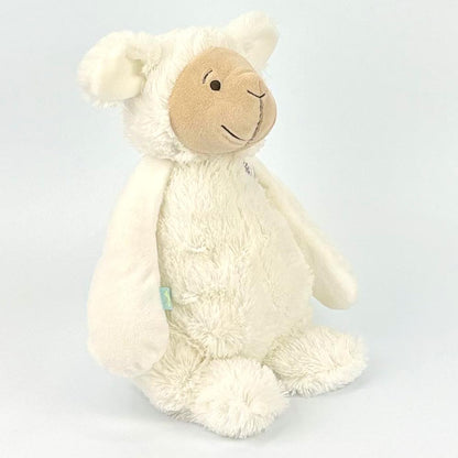 Stofftier Schaf mit Namen und Geburtsdatum personalisiert Geschenk 20cm weiß Aufdruck hellblau
