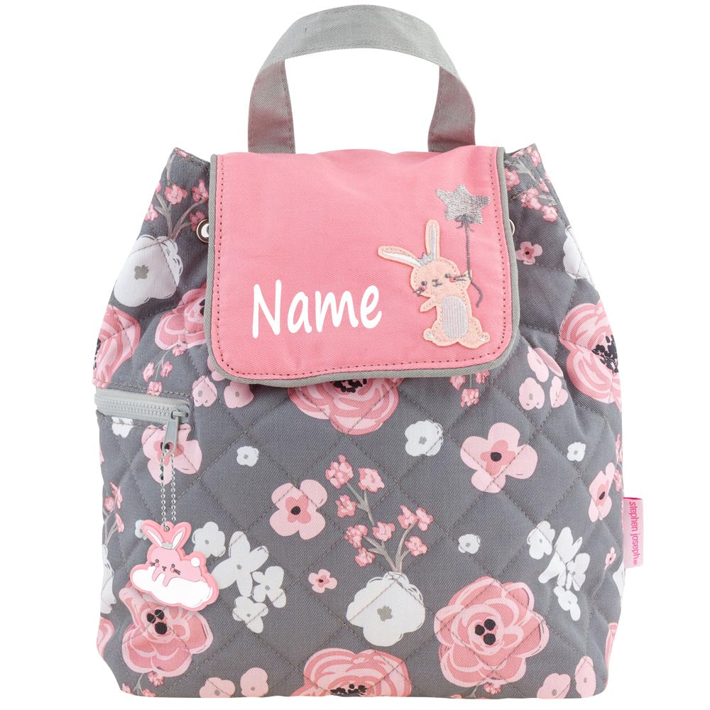 Personalisierter Rucksack für Kinder 8 Liter Kindergartenrucksack aus Baumwolle mit Namen bedruckt Motiv Hase/Blumen