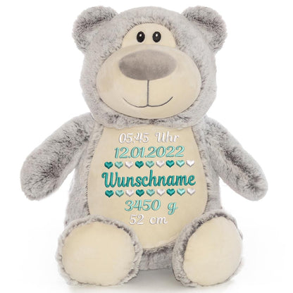 Personalisiertes Stofftier Bär Kuscheltier Bestickt Plüschtier zur Geburt Stickmotiv Geburtsdaten