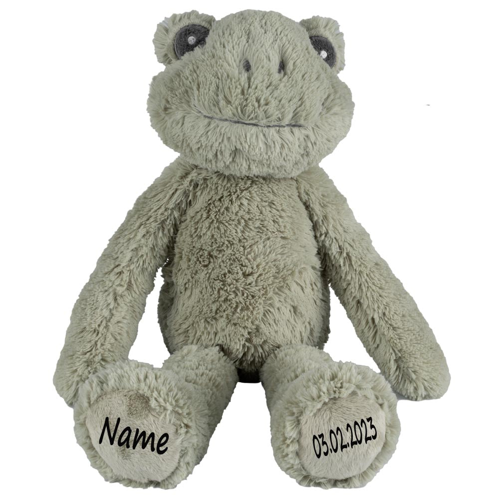 Frosch Stofftier mit Name und Geburtsdatum personalisiert Kuscheltier