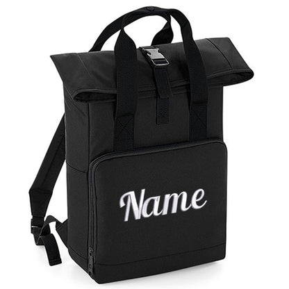 Rucksack mit Name bestickt Rolltop für Kinder und Erwachsene verstellbare Schultergurte 100% Recycled Polyester schwarz